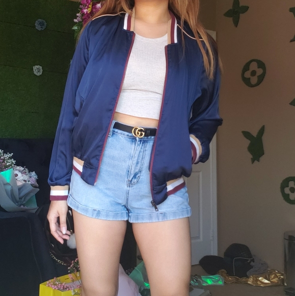 Satin Navy Bomber Jacket - Picture 1 of 3